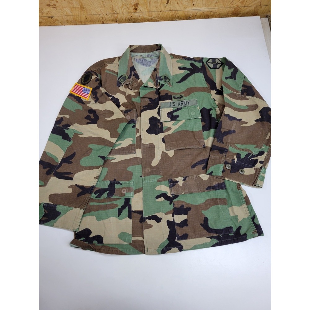 Vintage US Army Woodland Camo BDU Coat Medium Regular Patches Ripstop Military